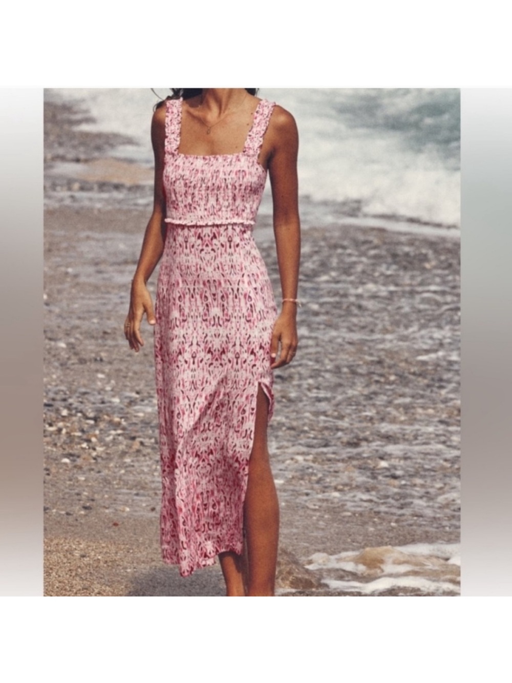 ZARA NWT Pink Linen Blend Printed Midi Dress Ruched Elastic Top Size M